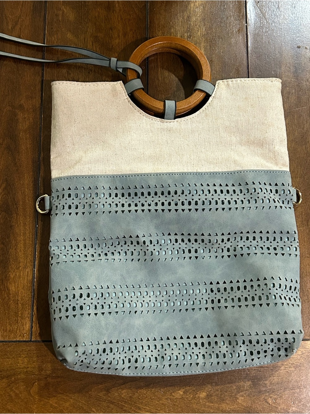 Canvas & Faux Leather Two-Tone Tote Bag with Wooden Ring Handles - Light Gray